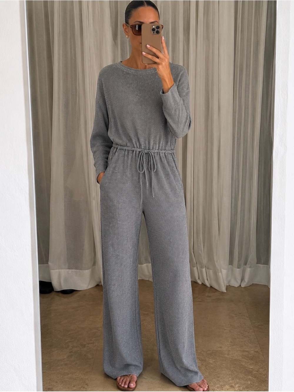 NWOT Express Heather Gray Metallic Detail Women's Long Sleeve Jumpsuit Romper
